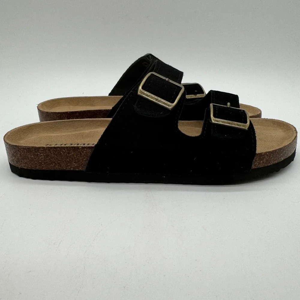 Khombu Mens Black Suede Two Strap Buckle Slide Sandals Comfort Size 8